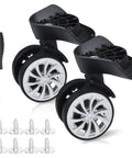 Silent And Smooth Rolling Luggage Wheel Replacement Kit Featuring Rock Solid Steel Axles With Super Flexible 360 Degree Swiveling Casters For Travel Gear Sets, black PVC wheels with silver rims.