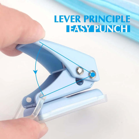 Close-up of a blue mini hole puncher from the Three Piece Mini Hole Puncher Set With Six Sheet Capacity Each For ID Cards Chipboard Arts And Crafts Projects Sweet Value Pack For Home Office School And Studio Use Easy Punching, highlighting lever mechanism.