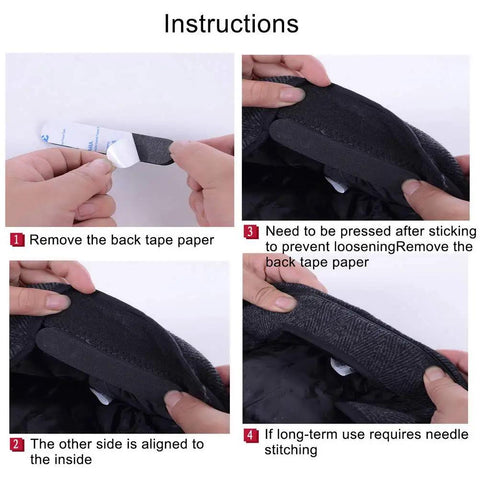 Instructions for applying 30-Piece Hat Size Reducer Tape Set For Hats And Caps, showing adhesive strip application and placement.