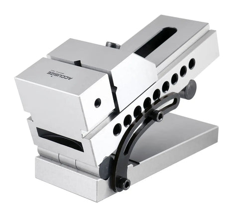 Pro Grade Shop Ready 5 Inch Screwless Sine Vise For Milling And Grinding 0 To 45 Degree Adjustable Tilt, angled view, hardened steel
