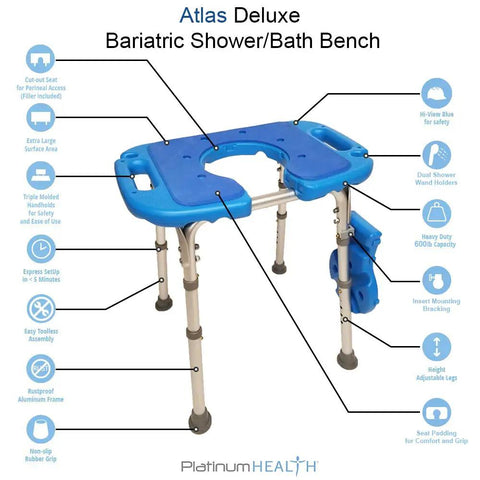 Deluxe Bariatric Shower Bench With 600lb Capacity, Padded XL Seat, Non Slip Surface, Commode Cutout, Adjustable Bath Stool