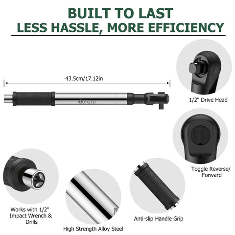 1/2 Inch Offset Extension Wrench Impact Ratchet Bar An Absolute Bad Boy For Snatching Sneaky Nuts Fast Heavy Duty Socket Extender showing drive head and grip.