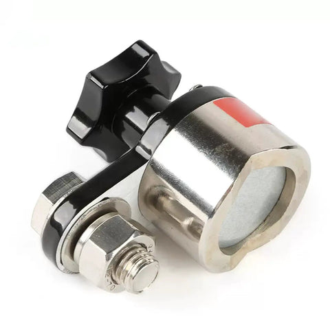 Close-up of Beefy Magnetic Welding Ground Clamp With On Off Switch 600 Amp Rated and 70 Kilogram Pull Force in stainless steel.