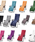 Collection of reclining chairs with cushioned seats in various colors including blue, pink, orange, and white on display