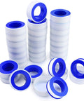 30 Pack One Half Inch Teflon Tape Industrial Thread Seal Tapes For Plumbing Waterproof Seals 394 Inch Each Roll Perfect For Plumbers And DIY Projects On Threaded Pipes, showing multiple rolls of white and blue PTFE tape.