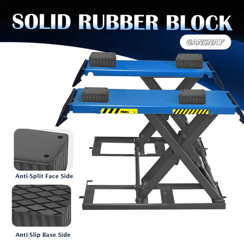 Solid rubber block on a scissor lift, designed for stability and safety during vehicle maintenance.
