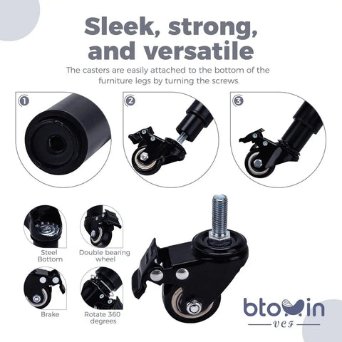4 Pack Adjustable Furniture Legs With Swivel Casters 360 Degree Rotation Braking Heavy Duty Replacement, steel caster close-up