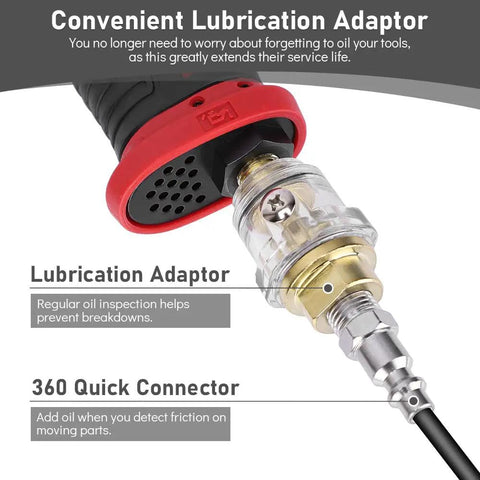 Close-up of Professional 1/2 Inch Air Impact Wrench with convenient lubrication adaptor and quick connector for maintenance.