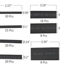 Overview of Dope Heat Shrink Tubing Kit 127 Pcs with 2:1 Shrink Ratio, showing various sizes and lengths in black insulation.