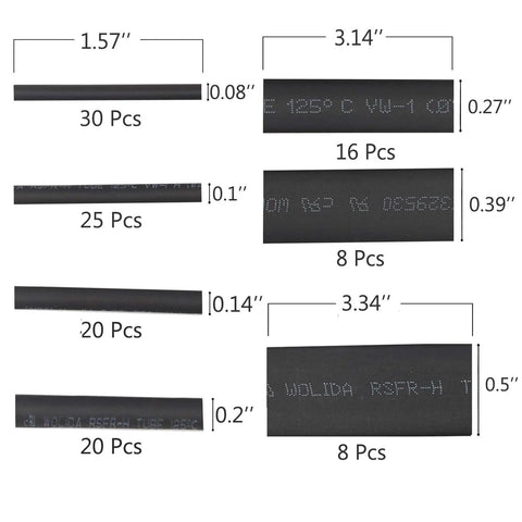 Overview of Dope Heat Shrink Tubing Kit 127 Pcs with 2:1 Shrink Ratio, showing various sizes and lengths in black insulation.