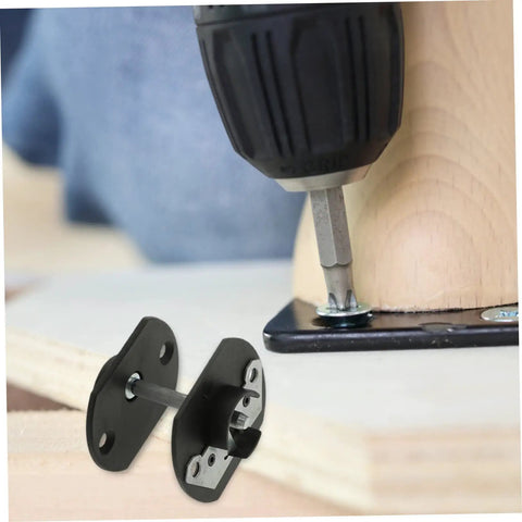 Installation of Dead Simple Sectional Sofa Connectors Pin Style Furniture Buckles with a drill on a wooden frame.
