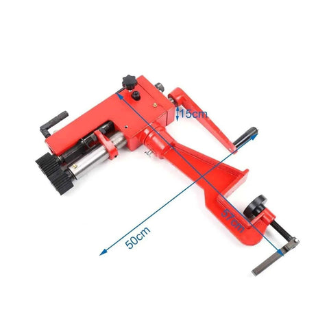 Manual Metal Bead Roller For Sheet Metal Bending With 6 Interchangeable Dies showing dimensions in red handle design