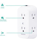 Heavy Hitter Six Outlet Wall Tap Extender and MultiPlug Power Splitter with three sided design showcasing circuit breaker and side access.