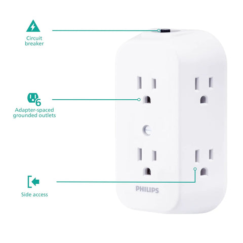 Heavy Hitter Six Outlet Wall Tap Extender and MultiPlug Power Splitter with three sided design showcasing circuit breaker and side access.