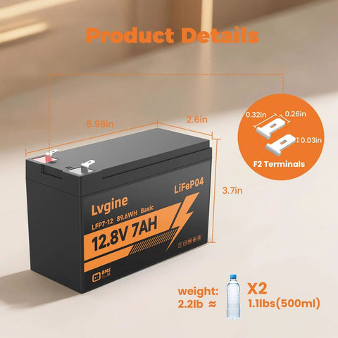 Illustration of 12V 7Ah LiFePO4 Battery For Ride On Toys And Outdoor Power with dimensions and weight shown