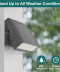 Kickin Bright 30W LED Wall Pack Light With Dusk To Dawn Photocell shown on wall in rain, 0-90 adjustable, IP65 waterproof rating