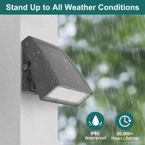 Mega Bright 100W LED Wall Pack Light With Dusk To Dawn Photocell mounted on wall in rain, emphasizing IP65 waterproof rating.