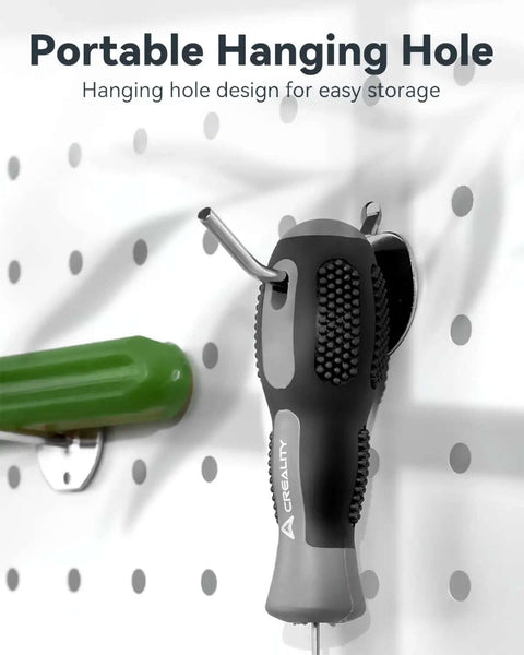 Clog Poke Nozzle Cleaning Kit For 1.75mm FDM 3D Printers hanging on a pegboard, highlighting the portable hanging hole design.