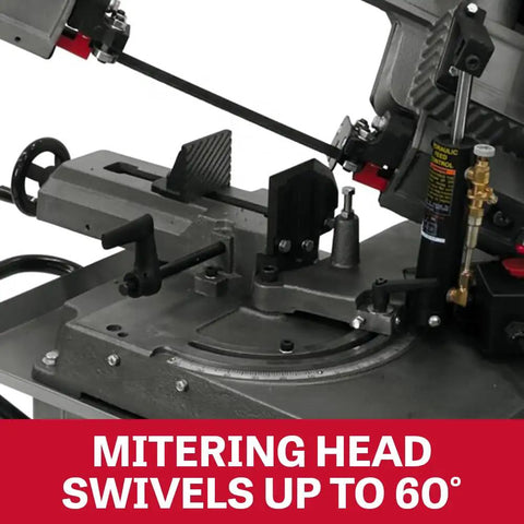 Five Inch By Six Inch Mitering Horizontal Bandsaw Built Tough With Hydraulic Downfeed Half Horsepower Volts 115 Or 230 Single Phase Mitering Head Swivel From 0 To 60 Degrees Deluxe Enclosed Stand With Wheels Adjustable Material Stop Ball Bearing Drive