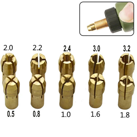 Six Sets Brass Collet Set For Mini Drill Chucks 0.5 To 3.2mm Rotary Tool Kit showcasing various sizes and four jaw clamping design.