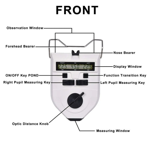 Optical Digital Pupilometer PD Meter With LCD Display White Finish labeled diagram of front view showcasing controls and display.