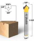 Groove Point Roundover Router Bit Set For Woodworking, 4 Bit Bundle With 1/4 Inch Shank, showing dimensions and wood cut example.