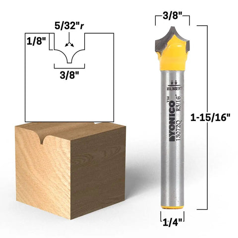 Groove Point Roundover Router Bit Set For Woodworking, 4 Bit Bundle With 1/4 Inch Shank, showing dimensions and wood cut example.