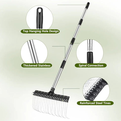 Adjustable Thatch Rake With 63 Inch Telescoping Handle And 16 Inch Steel Tine Head features reinforced tines and spiral connection.