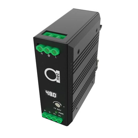 Beefy 48V DIN Rail Power Supply Pumping 120W Regulated Output With Adjustable 48 To 52V Range And Crisp Led Readout Mated With 12 Port Dc Distribution Kit, showing connectors and LED display.