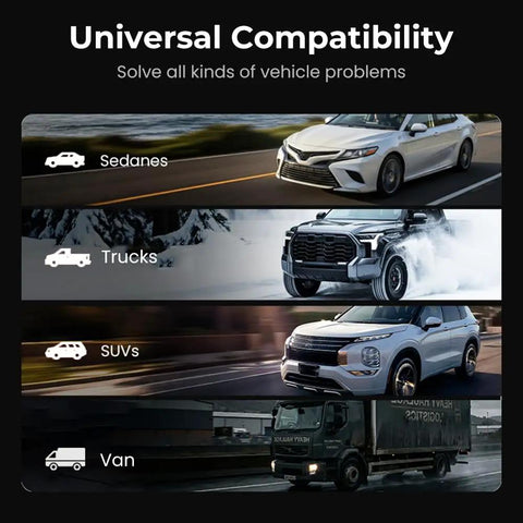 Cars including sedans, trucks, SUVs, and vans demonstrating compatibility for windshield crack repair kit