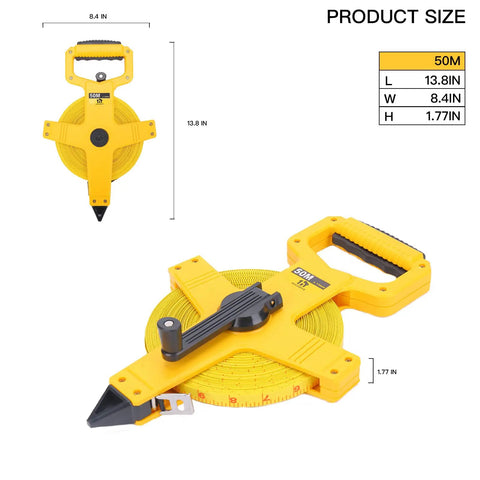Open Reel Fiberglass Tape Measure 165 Feet Built Tough With Inch Metric Scale, yellow ABS shell, 50m size dimensions