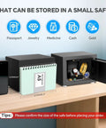 Tiny Home Safe With Electronic Keypad Lock For Cash Jewelry Passport Hidden Safe For Closet Dorm Room Black Portable Safe For Everyday Valuables For Easy Access showing internal storage for passport, jewelry, and cash.