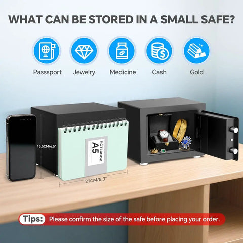 Tiny Home Safe With Electronic Keypad Lock For Cash Jewelry Passport Hidden Safe For Closet Dorm Room Black Portable Safe For Everyday Valuables For Easy Access showing internal storage for passport, jewelry, and cash.