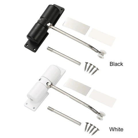 Go-To Metal Spring Closer Aluminum Alloy Rebound Door Stopper For White Doors Wear-Resistant Safety Stop shown in black and white