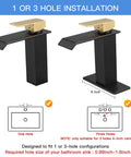 Matte Black Bathroom Faucet With Modern Waterfall Design, Single Hole Sink Faucet, shown for 1 and 3 hole installation options