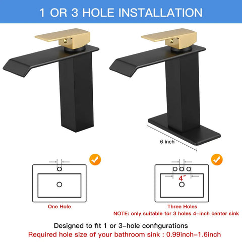 Waterfall Vessel Sink Faucet With Single Hole Mount, Matte Black And Gold Finish - Installation options diagram
