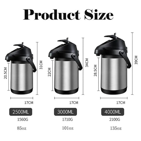 Comparison of 135 Oz 4L Airpot Coffee Carafe With Pump Double Walled Vacuum Insulated 304 Stainless Steel Beverage Dispenser sizes.