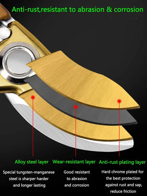 Close-up of Heavy Duty Garden Pruning Shears With Japanese SK4 High Carbon Steel Blade showcasing layered blade composition.