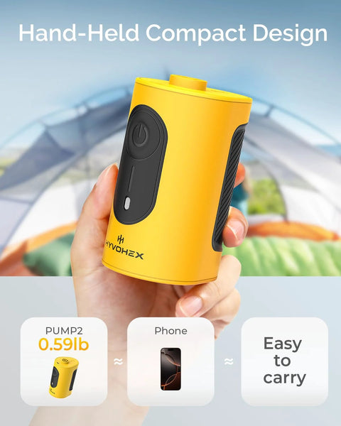 Portable air pump for inflatables, yellow handheld design with black grip; compact electric pump