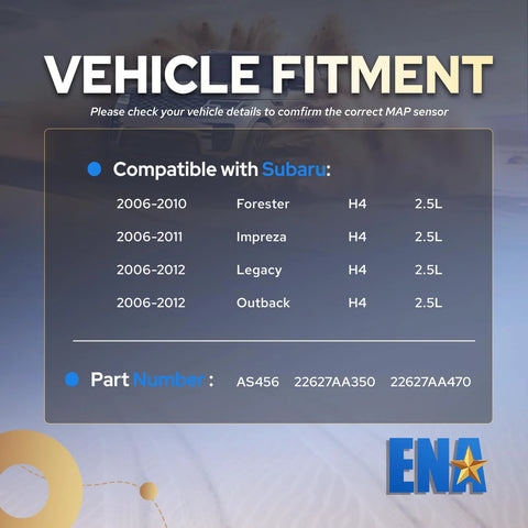 MAP sensor fitment banner: ENA Subaru compatibility for Forester, Impreza, Legacy, Outback (2006–2012); AS456 22627AA350/470