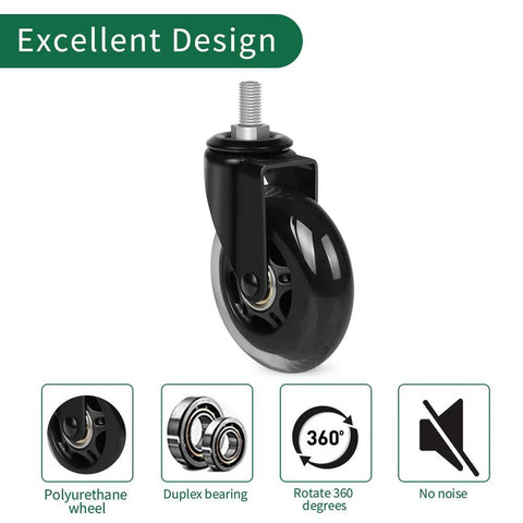 Replacement Office Chair Casters Set Of 5 With Rubber Wheels And Threaded Stem Three Eighths Inch Imperial Threads Per Inch