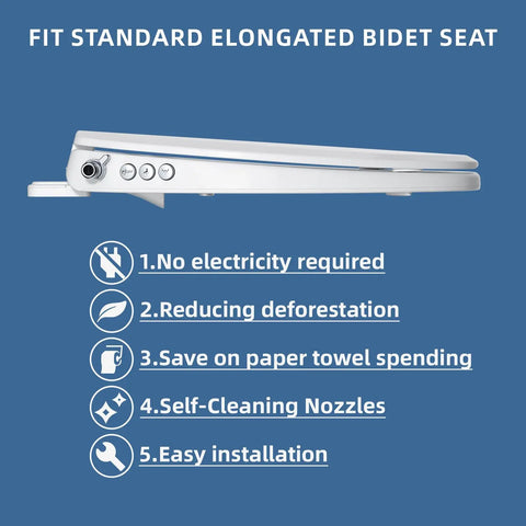 White Elongated Bidet Toilet Seat With Soft Close Lid side view displaying installation features and benefits.