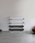 Heavy Duty Four Tier Horizontal Lumber Storage Rack For Garage Built Like A Tank Holds Wood Boards Firmly Up To 440 Pounds Rust Resistant Silver Garage Boss with two black shelves in a garage.