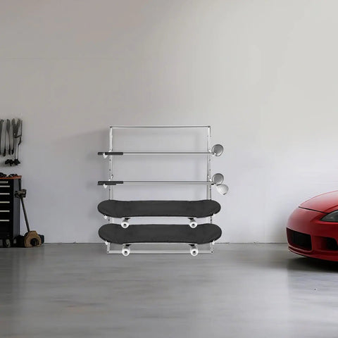 Heavy Duty Four Tier Horizontal Lumber Storage Rack For Garage Built Like A Tank Holds Wood Boards Firmly Up To 440 Pounds Rust Resistant Silver Garage Boss with two black shelves in a garage.