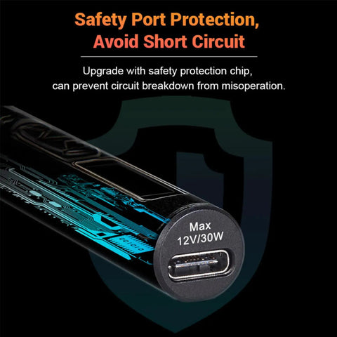 Close-up of TS80P Soldering Iron Pro Mini USB-C port with safety protection details, 12V/30W max label.