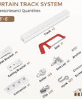 Heavy Duty Ceiling Curtain Track Kit With Quiet Glide Rollers 3 To 6 Ft White Ceiling Or Wall Mount Curtain Rail System Includes 20 Rollers 20 Hooks And 20 Clips Great Room Divider For Living Room Bathroom Or Hospital, showing components like track, brackets, saw, and hooks.