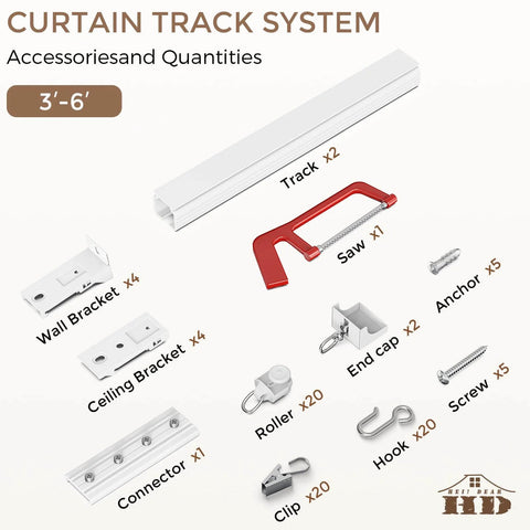 Heavy Duty Ceiling Curtain Track Kit With Quiet Glide Rollers 3 To 6 Ft White Ceiling Or Wall Mount Curtain Rail System Includes 20 Rollers 20 Hooks And 20 Clips Great Room Divider For Living Room Bathroom Or Hospital, showing components like track, brackets, saw, and hooks.