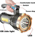 Beast Mode Ultra Bright USB Rechargeable LED Flashlight With 8 Modes Side Light And Hooks 10000 Lumens showing handle and power display.