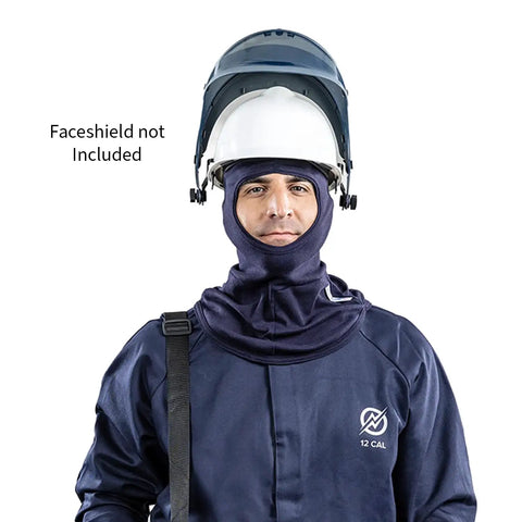 Ultrasoft Flame Resistant Knit Hood Balaclava 16 Cal Arc Rated H11RY Navy Made in USA worn by person under helmet