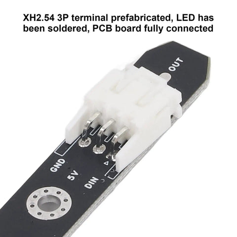 Close-up of 2 Pack 158mm RGB LED Light Bar For 3D Printers DC5V with XH2.54 3P terminal and PCB board connection.
